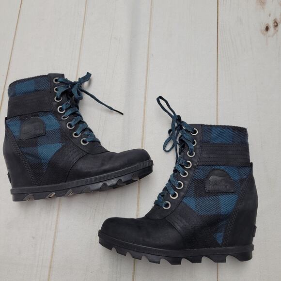 Sorel Lexie wedge boots black blue plaid waterproof - Picture 2 of 8